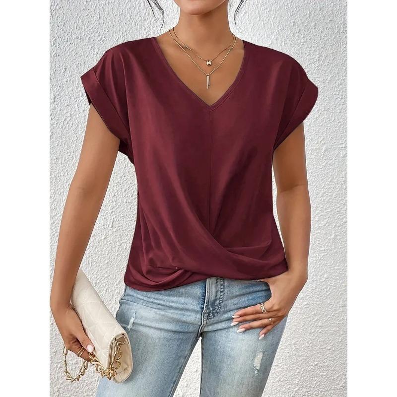 Autumn new products women's lightweight breathable V-neck T-shirt elegant knotted loose short-sleeved top women