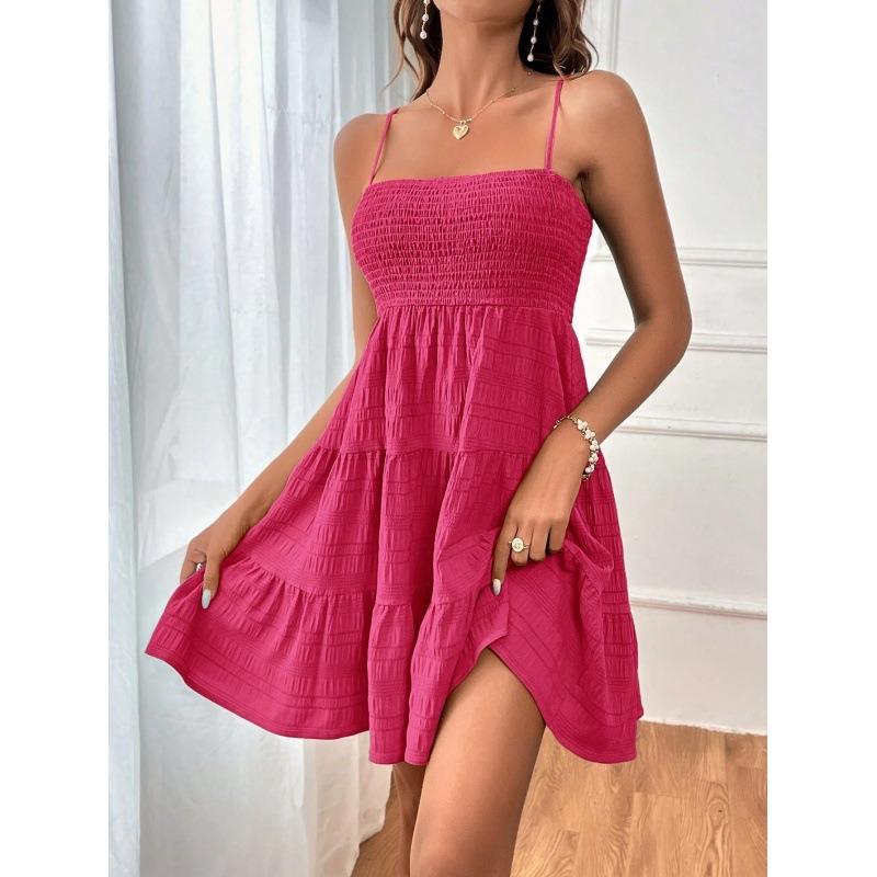 Elegant Summer Sleeveless Pleated Fashion Suspender Dress Solid Color Simple A-line Party Casual Short Dresses Female Streetwear Loose Clothing