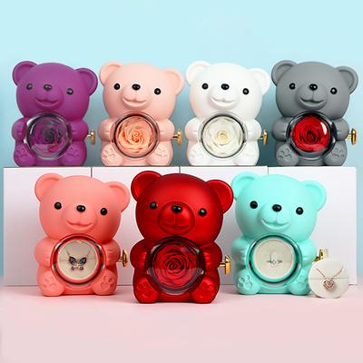 Preserved Rose Gift Box with Gift Bag Bear Hug Eternal Rose Gifts Rotating Bear Rose Jewelry Box for Mothers Day