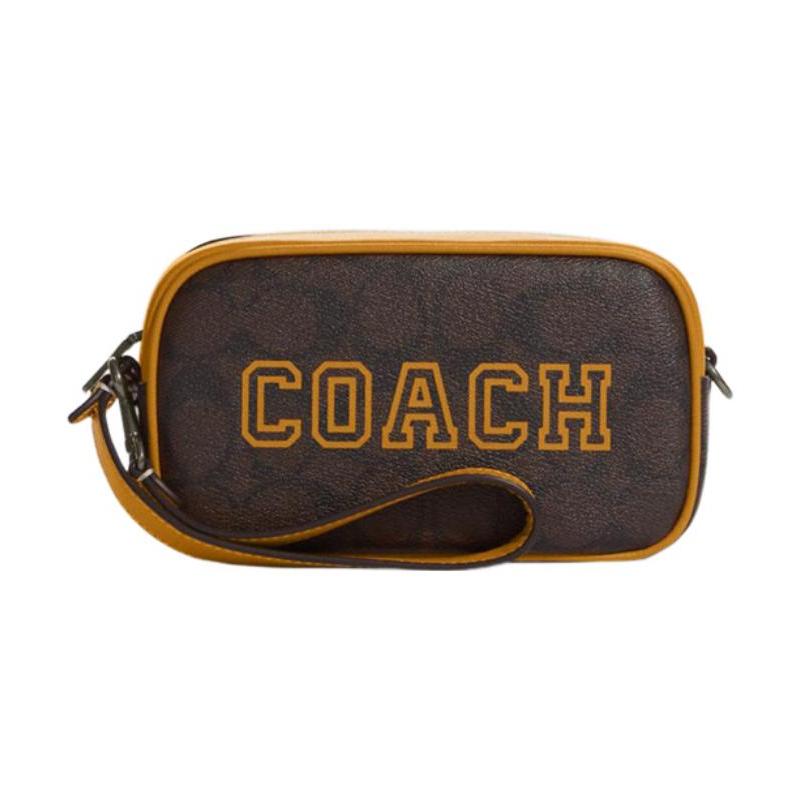 

COACH Jamie 18 Classic Presbyopic Print Double Card Slot Zipper Closure Strapless Artificial Leather Handbag Small Women Model Brown with Goldilocks золотий