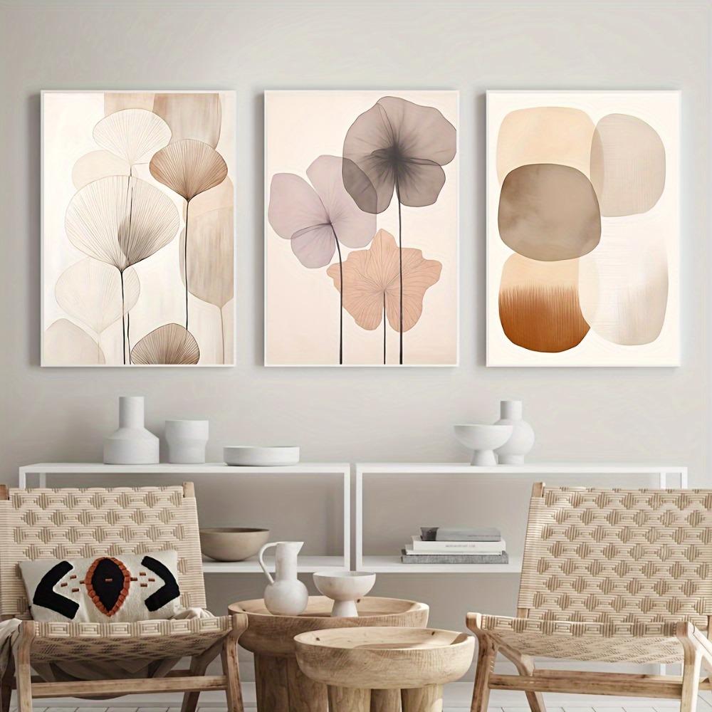 3pcs Frameless Minimalist Wall Art Flowers,Modern Home Decor Geometric Posters Abstract Beige Fashion,Bohemian Wall Decoration