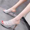High Heel Waterproof Table Slippers Women's Summer 2025 New Mesh Rhinestone Thin Heel Cool Slippers Internet Celebrity Fashion Outer Wear