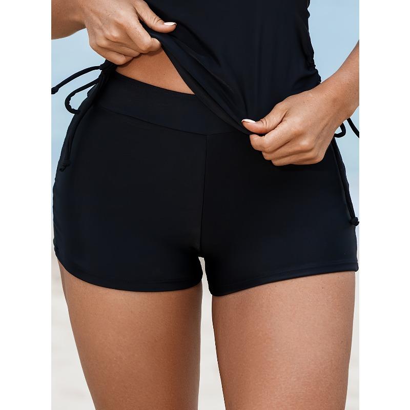 Classic Black Drawstring Halter Neck Tankini Sets, Ruched Criss Cross Centre Core Top Boxer Short Swimsuit, Women's Swimwear & Clothing