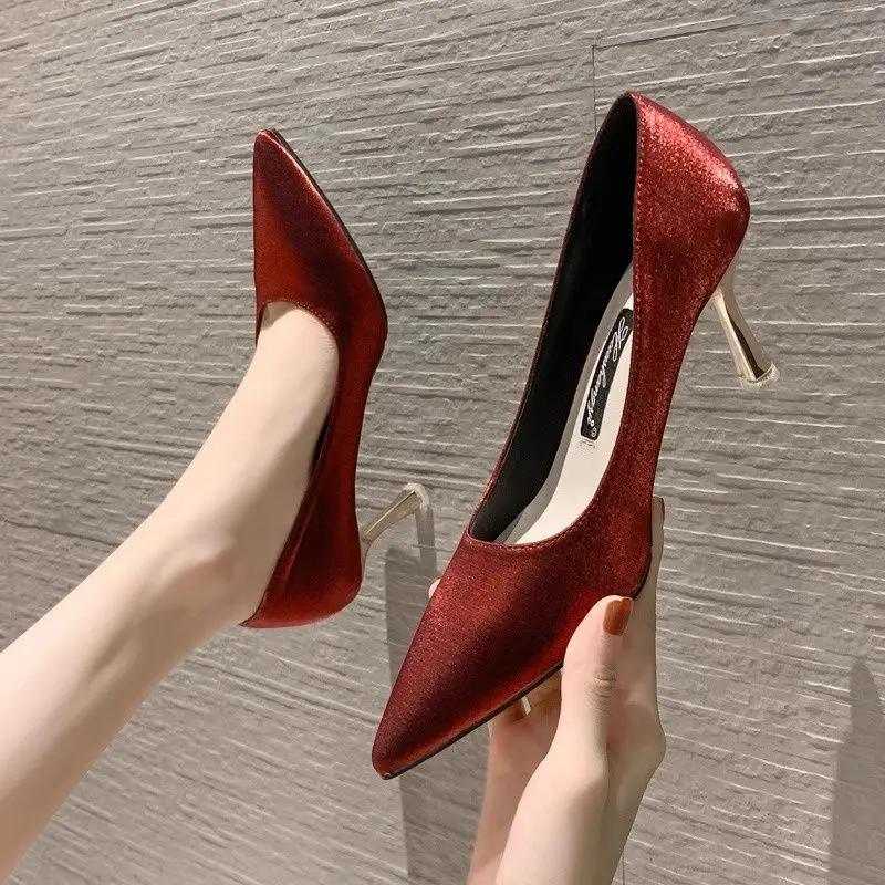 Fashion High Heels Pointed Toe Pumps Wedding Bride Shoe on Heeled Ladies Stilito Women's Shoes Korean Style Wholesale Genuine Mark Y2k