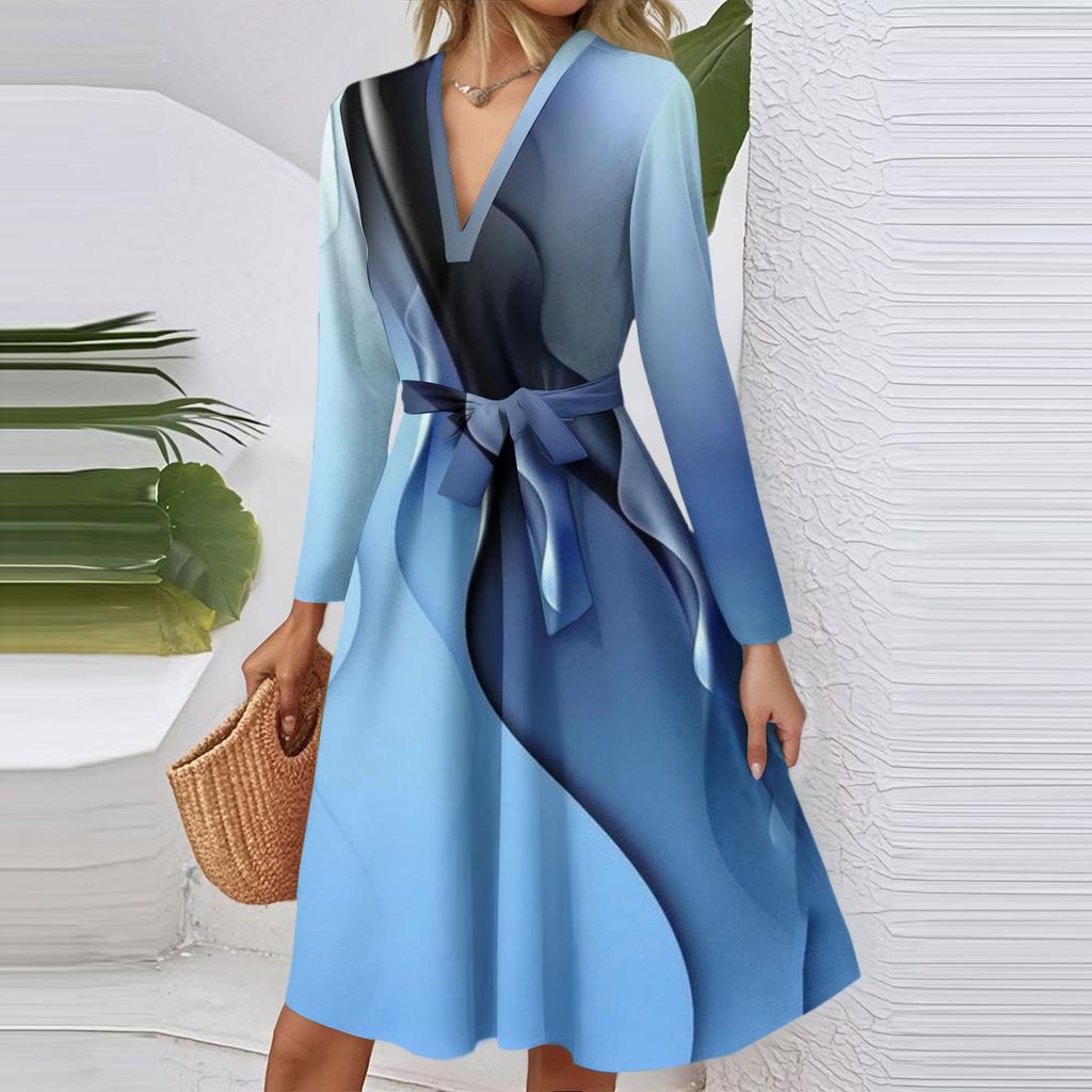 Women's Fashion Casual V-Neck Long Sleeve Waist Plaid Print Midi Dress