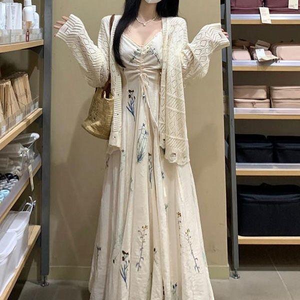 

Plus Size Floral Camisole Dress & Hollow Out Cardigan Two-Piece Set XXXL