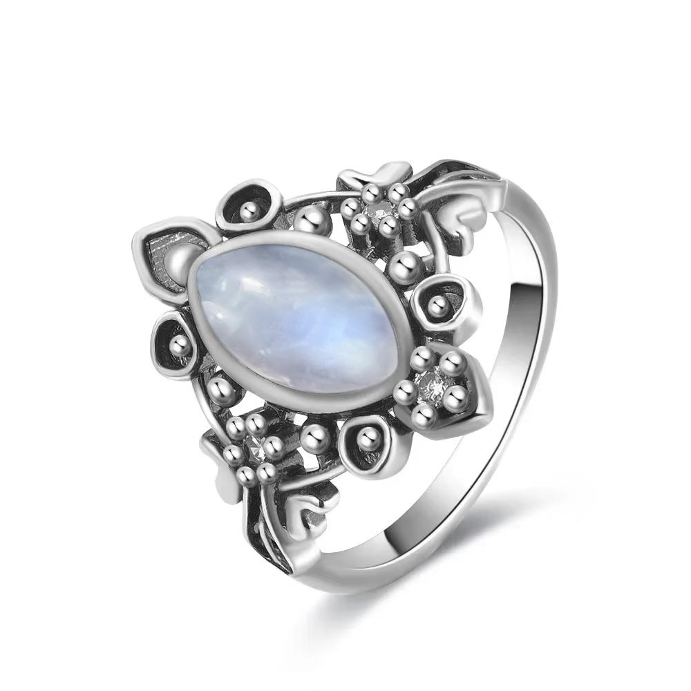 Vintage 925 Sterling Silver Natural Moonstone Rings Bohemia Oval Shape Retro Ring Gifts Fine Jewelry for Women Men