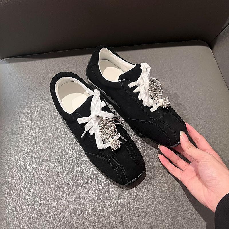 Soft Cowhide~ Genuine Leather Retro Square Head Pearl Bow German Training Shoes Women's 2025 New Casual Board Shoes Forrest Gump Shoes