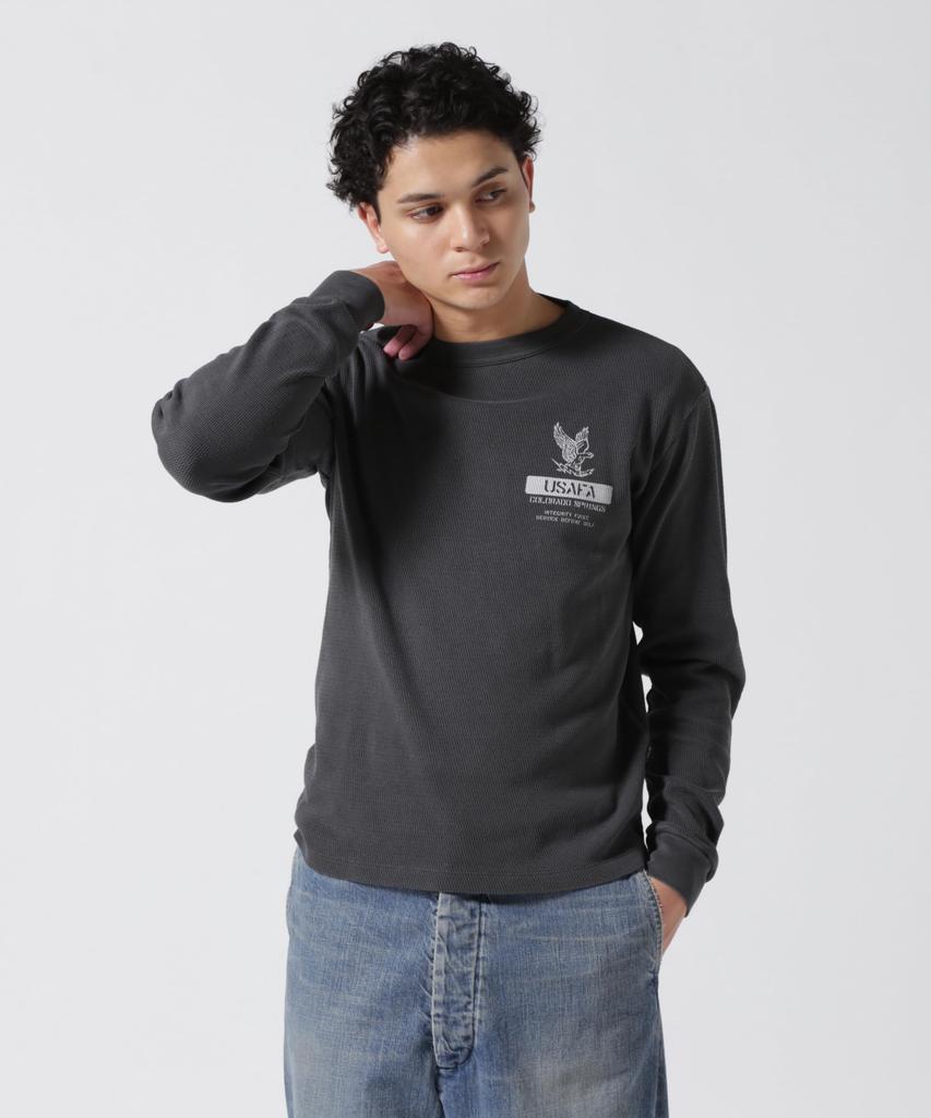 AVIREX Fade Wash Honeycomb Waffle Long Sleeve Size T-Shirt, Men's T-Shirt, L, 410, Charcoal, 783-5130010