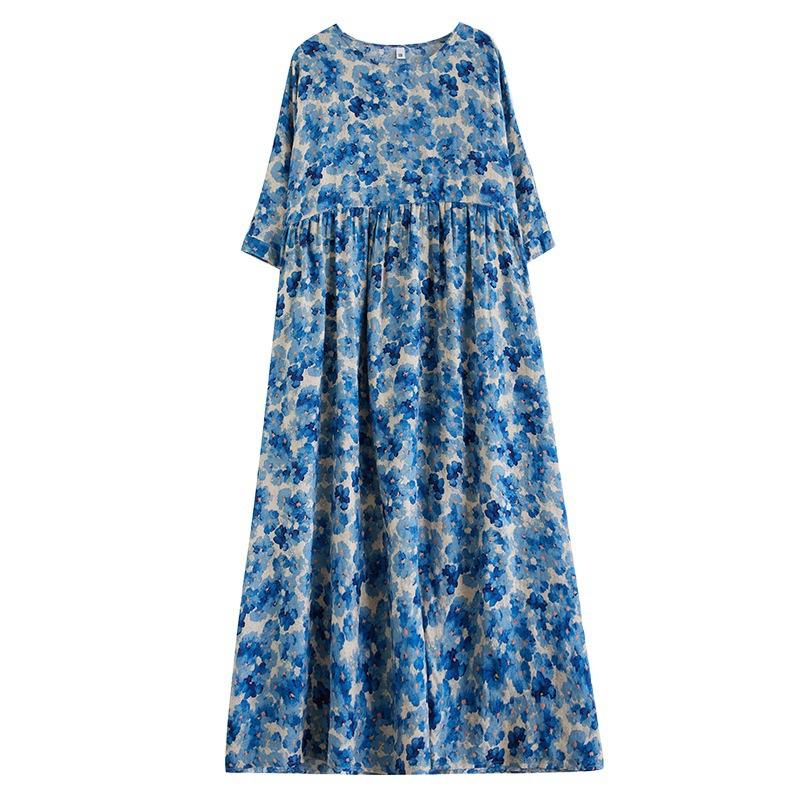 Summer Thin Cotton Linen Round Neck Short Sleeved Floral Simple Medium Long Dress for Women Casual Dresses