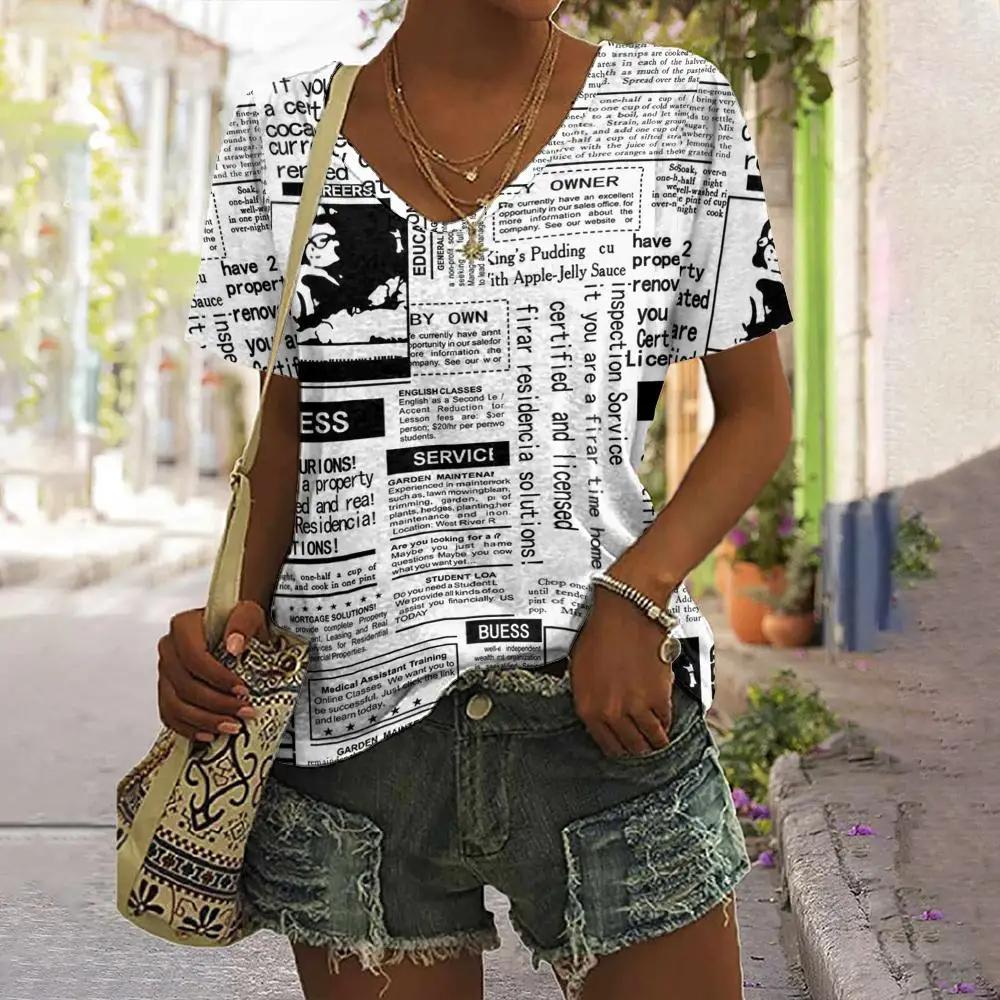 Personalized Retro Women Clothing 3D V-neck Short-sleeved Old Newspaper Print Summer Women Clothing T-shirt Street Harajuku Top