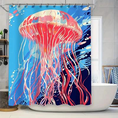 Stylish Jellyfish Shower Curtain for Bathroom Decor Waterproof Fabric with Blue Background Red White Streamers Design