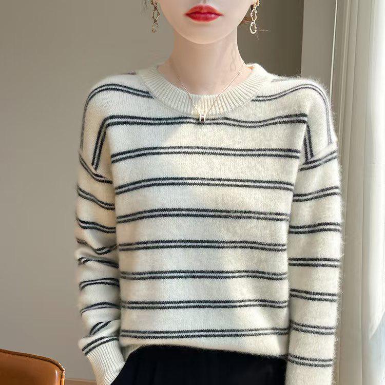 Trendy Korean Style Striped Crew Neck Pullover Cardigan Sweater