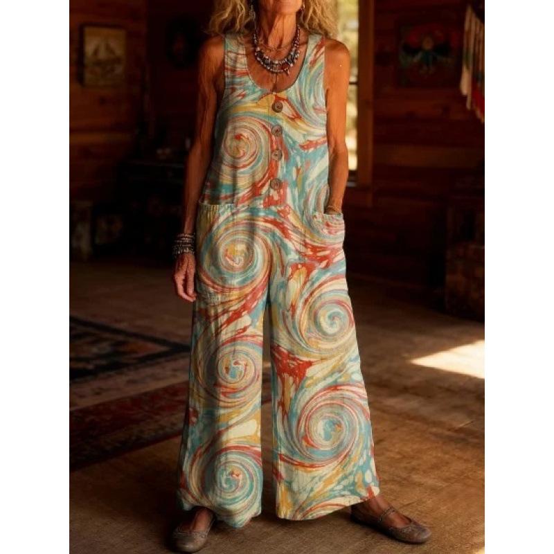 2026 Women's Vintage Summer Cotton and Linen Button Pocket Comfortable Sleeveless Casual One-piece Wide Leg Jumpsuit