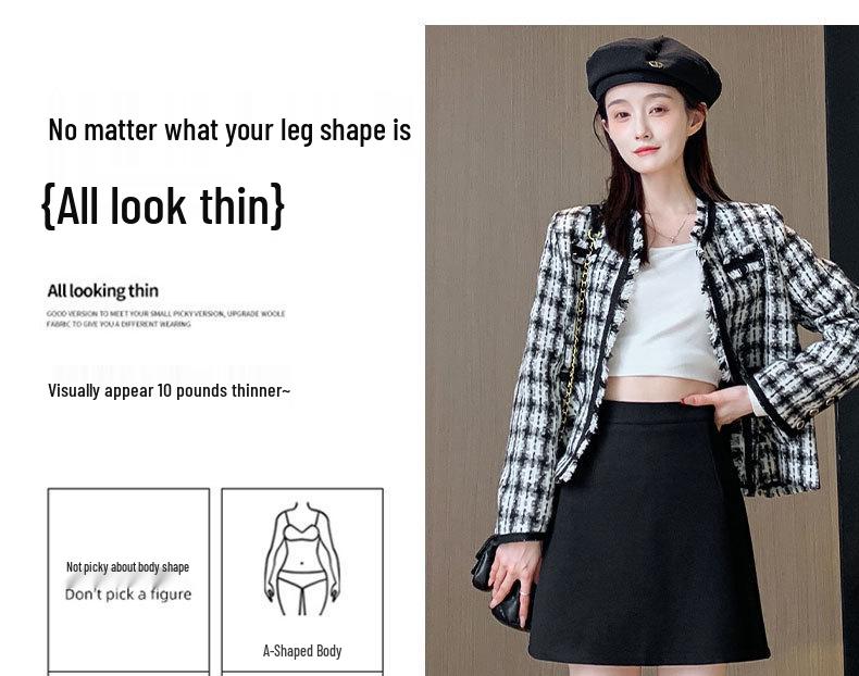 2026 Women's Black Wool Blend High-Waisted Slimming A-Line Short Skirt - Spring to Winter