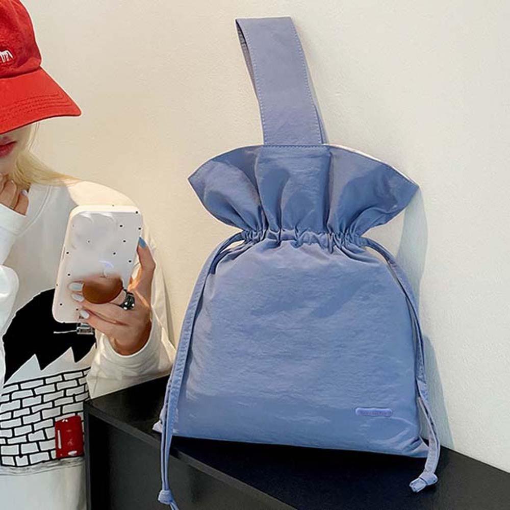 Large Capacity Nylon Drawstring Bag Portable Pleated Bucket Bag Solid Color Handbag  Girls