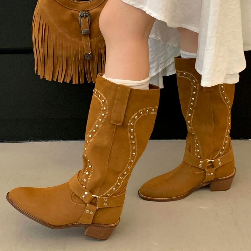 Rivet Retro Western Cowboy Boots Women Designer High Long Boots Ladies Fashion Chunky Heel Autumn Winter Boots Women Botas Mujer