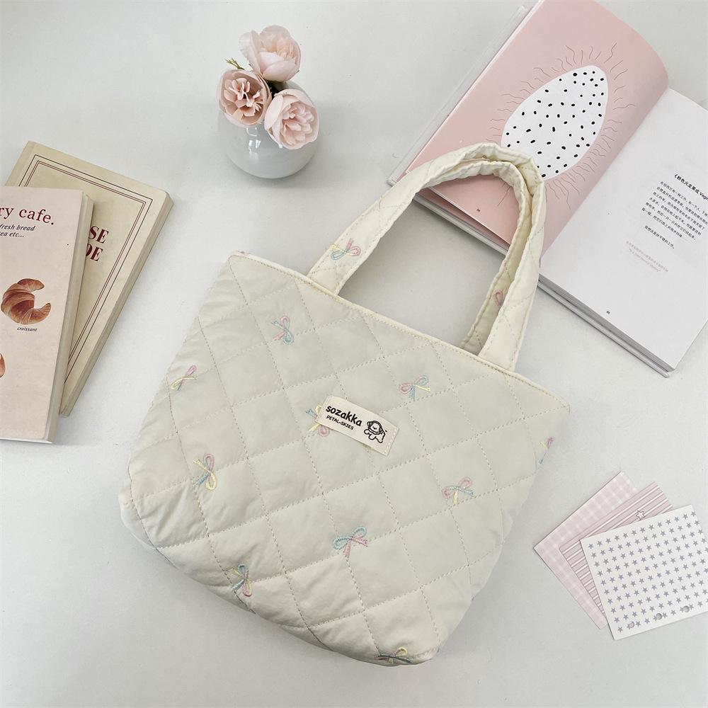 Korean Style Quilted Bow Embroidery Handheld Canvas Handbag for Women 2026 New