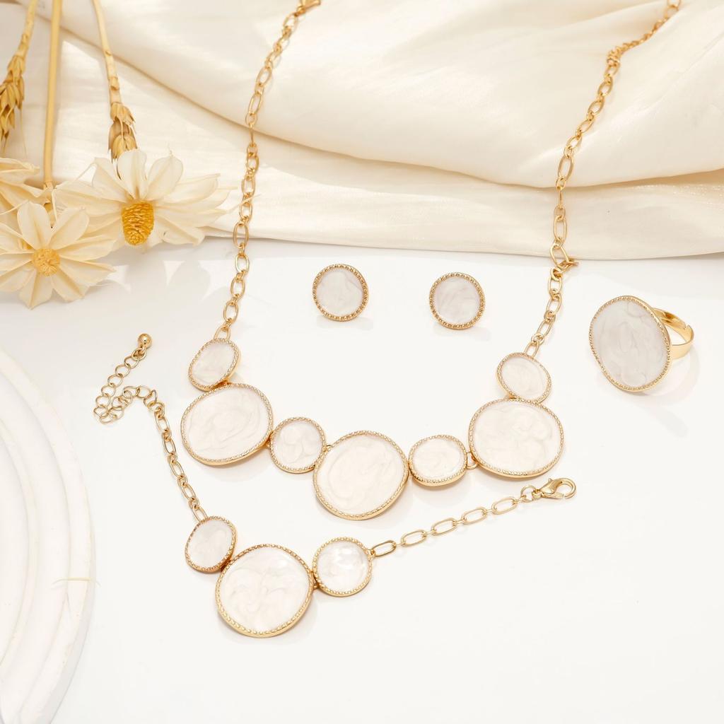 Jewelry niche design sense irregular round dripping oil white bracelet necklace stud earrings ring set