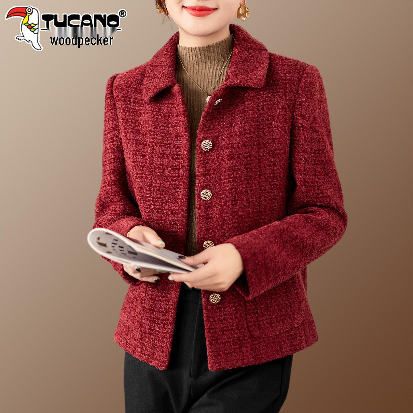 

Woodpecker Women s Spring & Autumn 2025 Stylish Wool Coat - Age-Reducing Fashion for Mothers XL (recommended 110-125 jin) вино красного