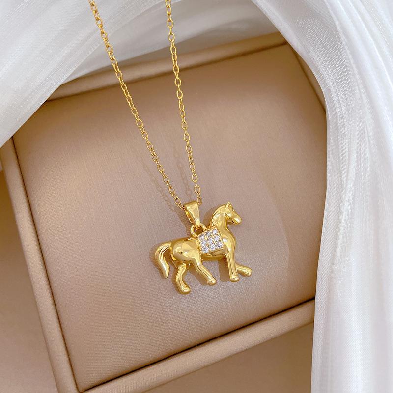 Hip Hop Zircon Horse Pendant Necklace for Women Men Stainless Steel Chain Jewelry Accessory Gifts