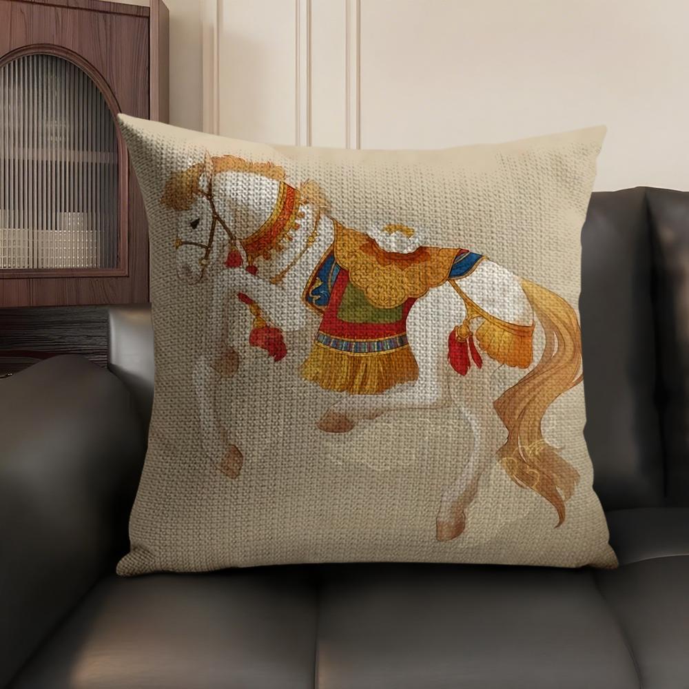Artistic Retro Horse Cushion Cover Natural Linen Organic Fabric DoubleSided Printing Sofa Home Decor Breathable