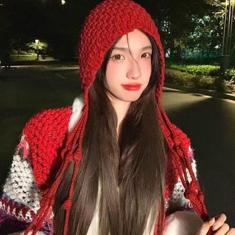 Christmas Winter Wool Tassel Knitted Ear Protection Hat For Women Winter Warm Crochet Earmuffs Caps Girl Pullover Beanie Bonnet