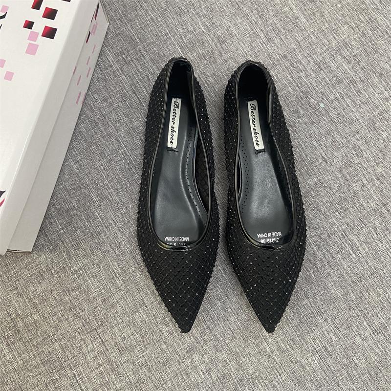 Fashion Flat Shoes for Women 2025 Spring and Autumn French New Sexy Mesh and Rhinestone Hollow Low Heel Shallow Mouth Women's Shoes