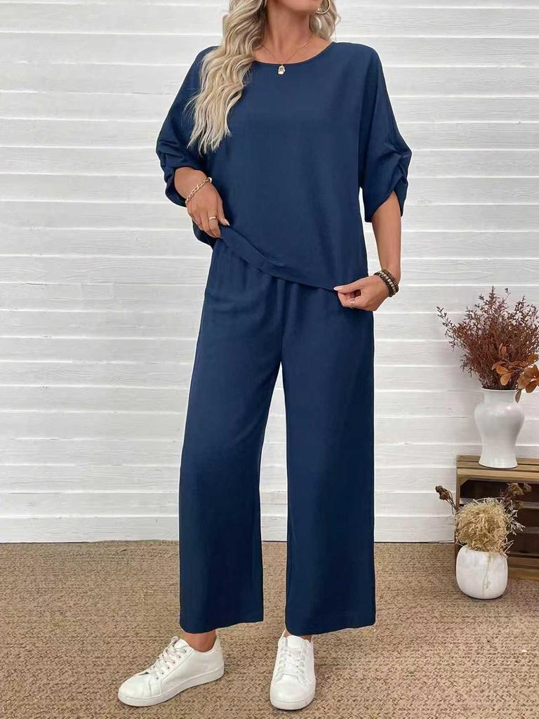 European & American Fashion 2025 Casual Set: Crew Neck Top + Vertical Wide-Leg Pants