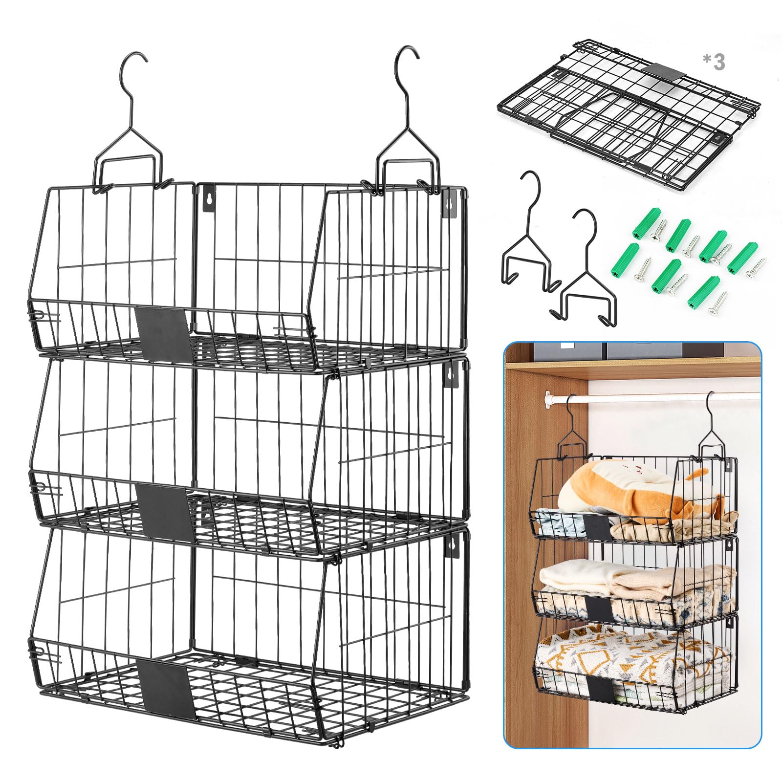 

Fenghome Hanging Rack, Set of 3, Closet Storage, Foldable, 2025 New Design, Multiple Connectable Shelves, Compact Folding, Large Capacity Under-Cabine