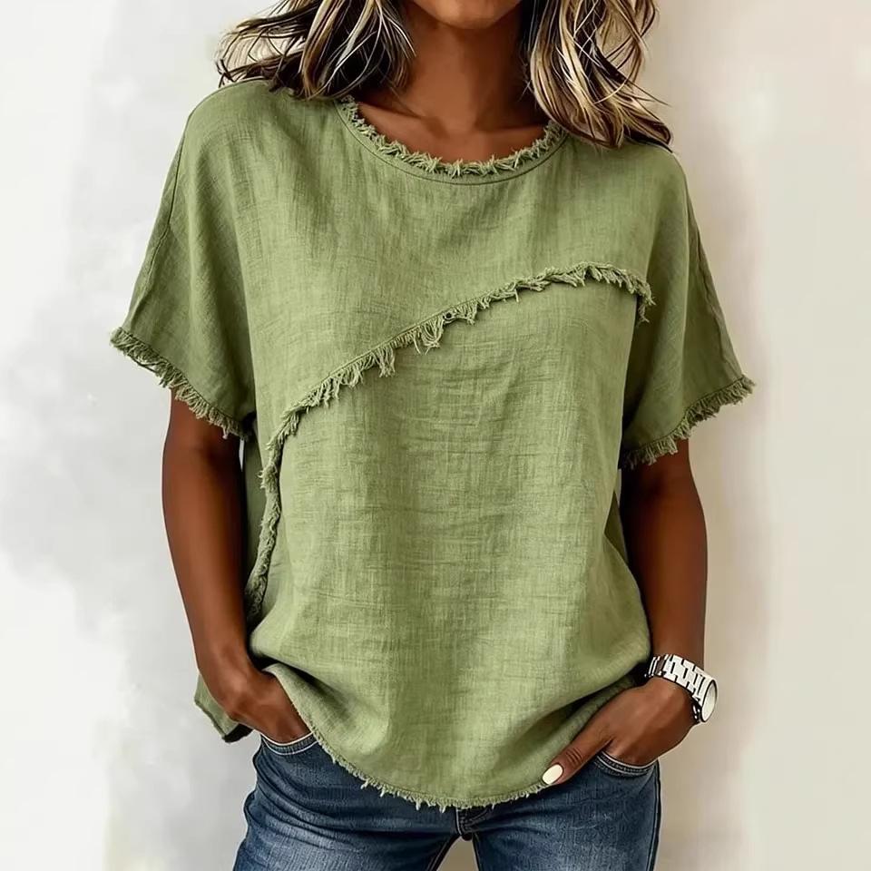 Women Loose Fit Short Sleeve Round Neck T-shirt with Distressed Raw Edge Seam Multi Colors