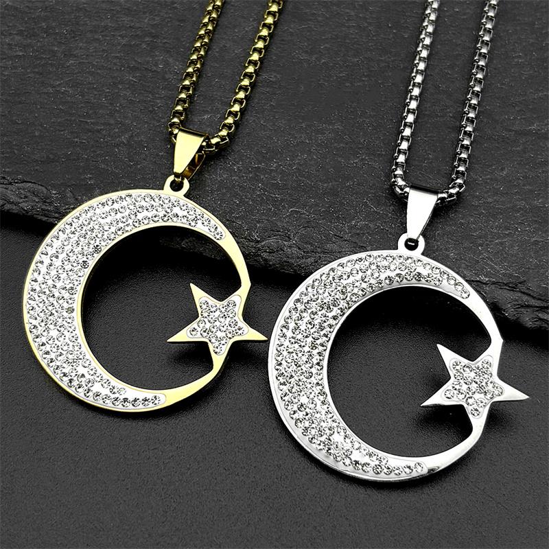 Muslim Islam Full Rinestones Crescent Moon Star Stainless Steel Chain Necklaces for Women Men Gold Color Necklace Jewelry Gift