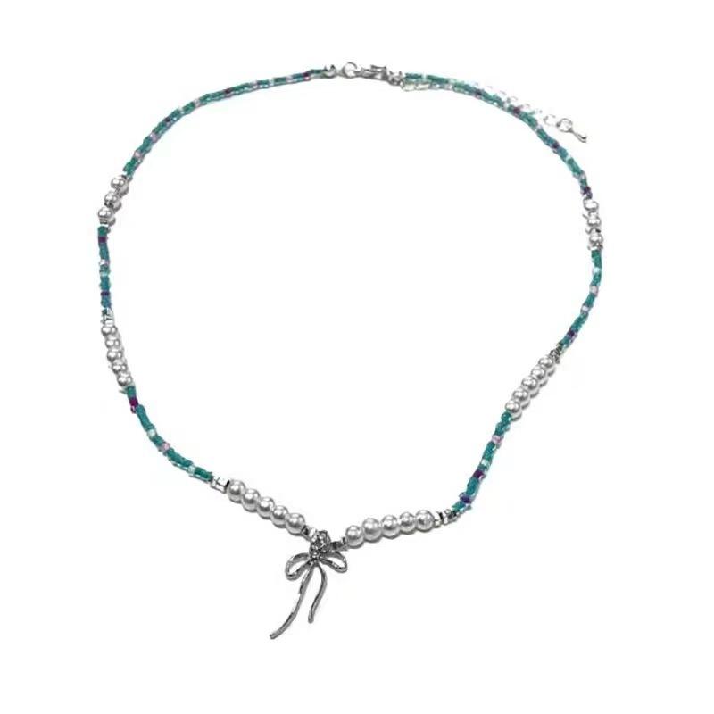 

Summer Color Beaded Bow Necklace Women s Light Luxury Accessories Collarbone Chain Seaside Pearl Neck Chain