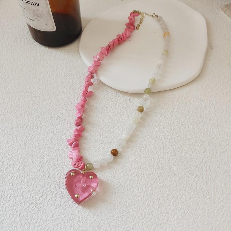 Meier Bohemian Ethnic Freshwater Pearl Necklace with Colorful Glass Heart Pendant Choker