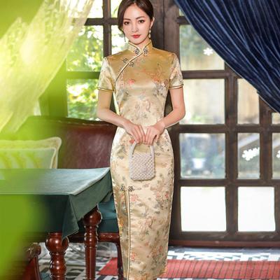 Mandarin Collar Short Sleeve Disc Buckles Lady Cheongsam Chinese Style Embroidery Dragon Phoenix Print Split Traditional Wedding Qipao Female Clothing