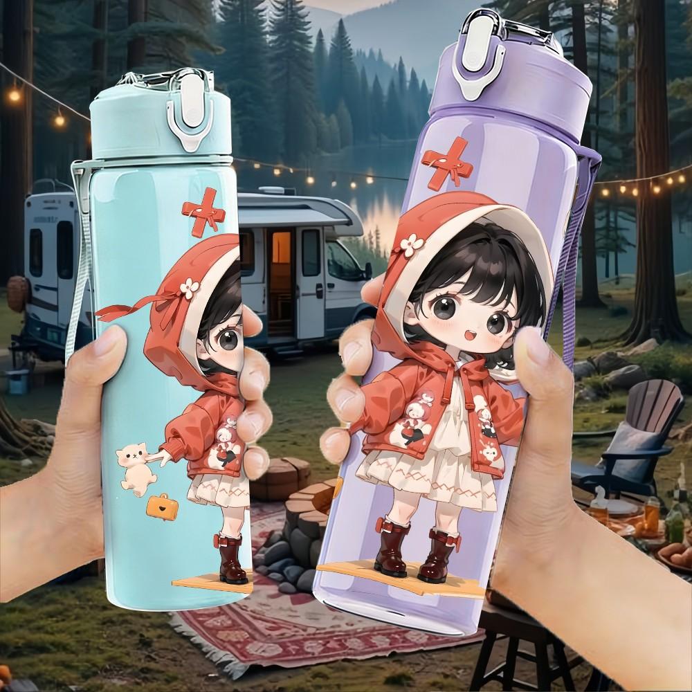 1PC Red Hood Little Girl Winter Style Pattern 750ml Color Plastic Sports Water Bottle Leakproof Flip Straw Lid Suitable for Sports Office Home Use