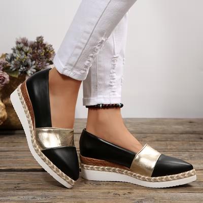 Einzelne Schuhe Herbst Neu Spitzzehe Flacher Ausschnitt Strohplateau Rutschfest Schlupfkeil