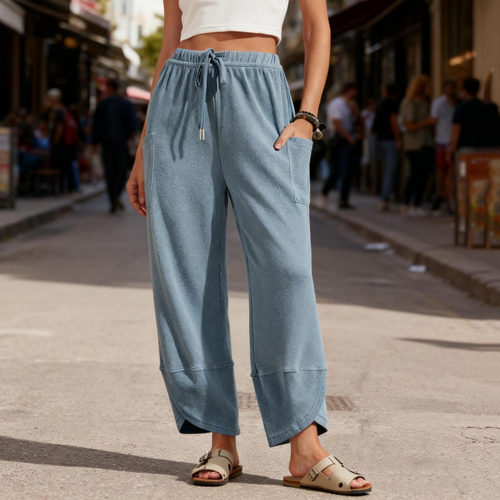 

Women Elastic High Waist Pant Casual Fit Wide Leg Long Pants Trousers With Pockets M синий