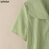 VONDA Summer Women Lapel Neck Short Sleeve Plaid Cute Casual Blouse Tops