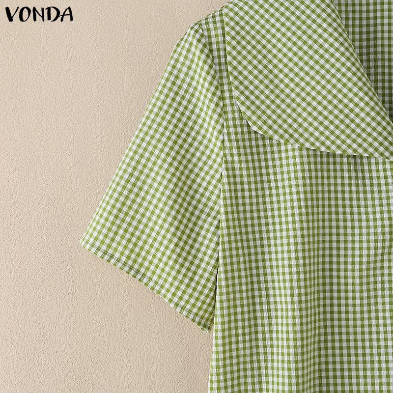 VONDA Summer Women Lapel Neck Short Sleeve Plaid Cute Casual Blouse Tops