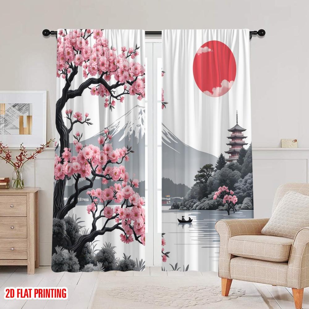 2D Flat Printing 2pcs Curtain Oriental Cherry Versatile Polyester  Without Electricity Versatile Use for All Occasions Decorate