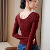Long-sleeved bottoming shirt for women's autumn and winter new women's clothing, thin v-neck solid-color t-shirt temperament waist-closed top