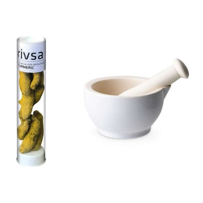 Mortier et pilon - Aromandise - Grès blanc - Ø 10 cm - 13 cm - 30 g de curcuma