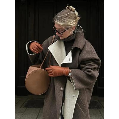 Fashion Solid Oversized Women Woolen Overcoat Elegant Lapel Long Sleeve Single Breasted Jackets Autumn Lady High Street Outwear
