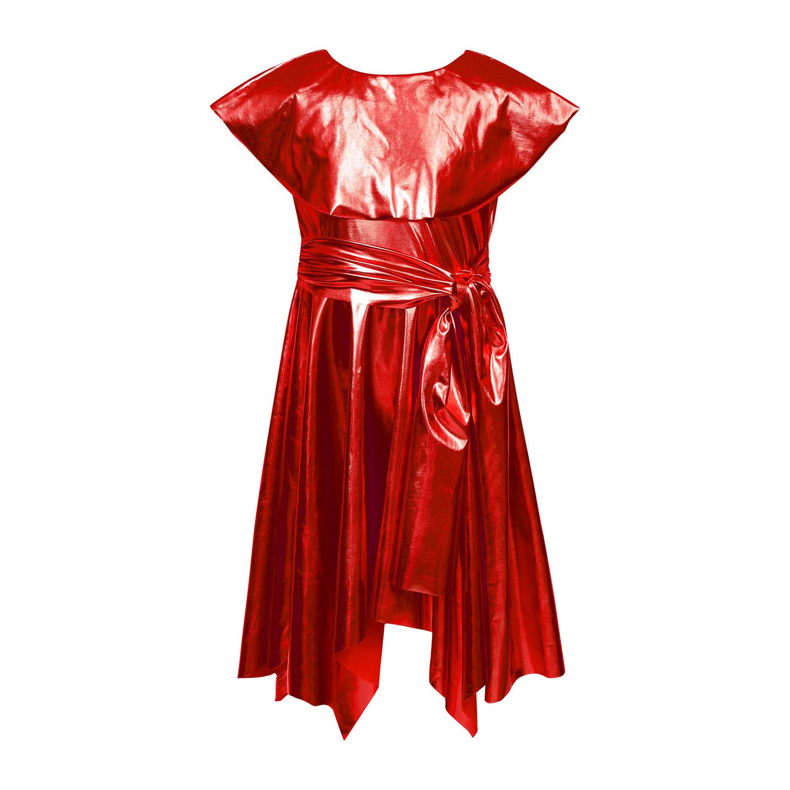 

Girls Praise Dance Metallic Tunic Asymmetrical Hem Belted Choir Dress Performance Gown 5-6 Years червоний