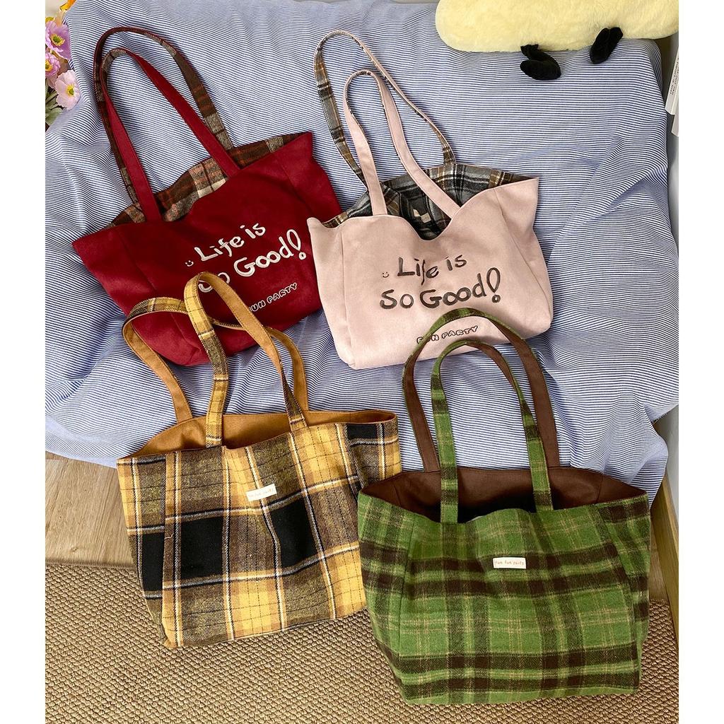 Autumn Plaid Women Double-Sided Woolen Shoulder Bags Large Capacity Ladies Suede Casual Tote Letter College Style Girls Handbags