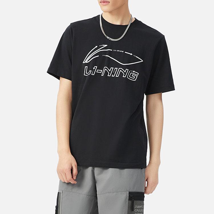Li-Ning Sports Fashion Series Brand Logo Letter Print Round Neck Knit Short Sleeve T-Shirt Men Tops Black AHSSA51-1