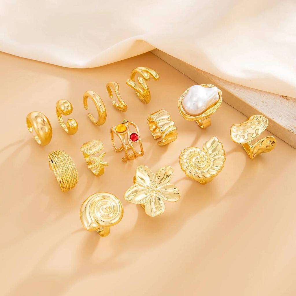 SHIXIN 14pcs/set Bohemian Conch Flower Open Ring for Women Fashion Imitation Pearl Rhinestone Knuckle Ring Set Vacation Jewelry