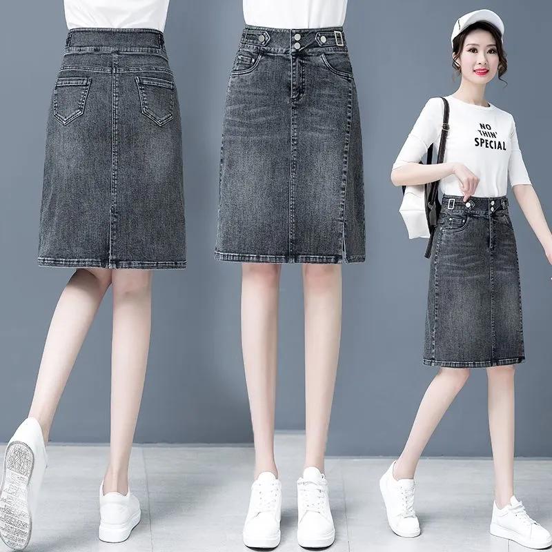 Frühling Sommer Übergröße Rock für Damen Hohe Taille Große Größe Schlitz Jeansröcke Schlank Femme