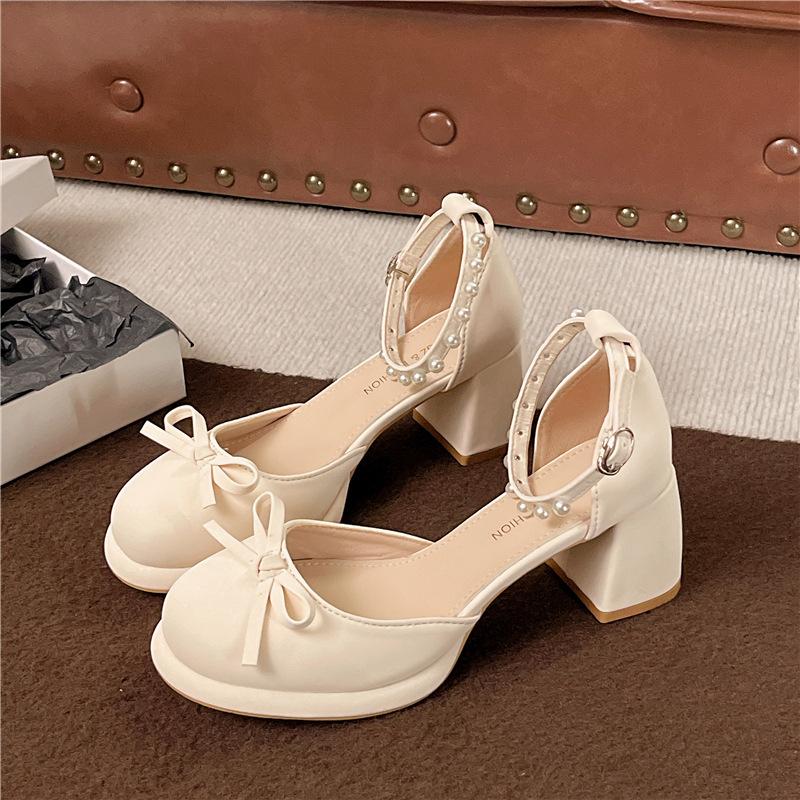 

Pink French high-end bag head thick high-heeled sandals women s 2025 new summer wear with skirt Mary Jane shoes 39 бежевый